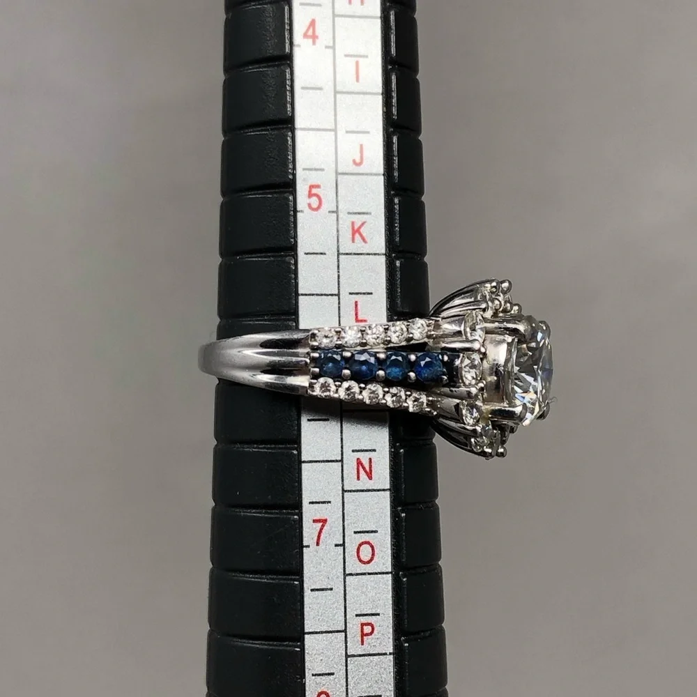 Moissanite Ring Blue Sapphire Platineve Halo Size 6